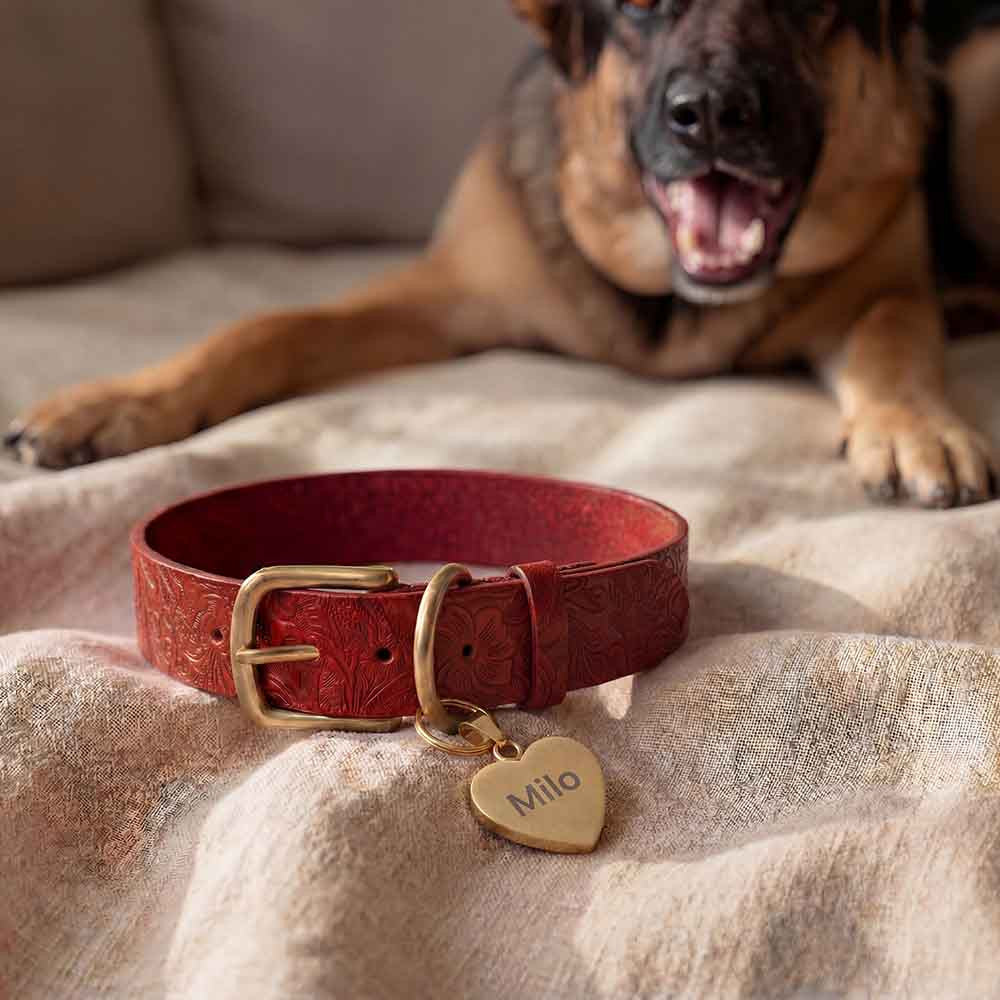 Floral Leather Dog Collar with Tag - Doggy with Style